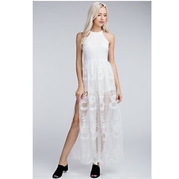Honey Belle Dresses & Skirts - White Embroidered Lace Halter Maxi Romper Dress